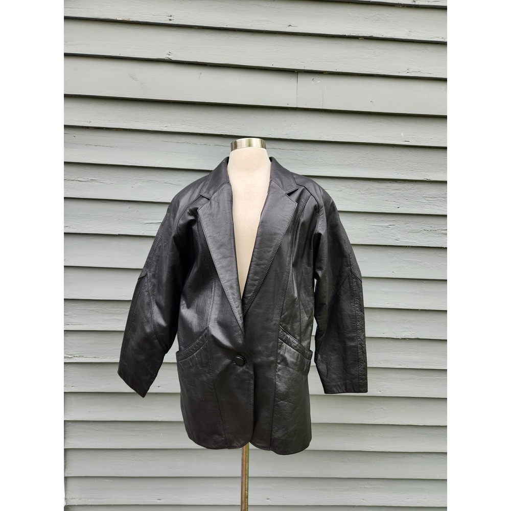 Vintage 80s 90s Byrnes & Baker Leather Blazer Black Oversized Jacket Size‎ M